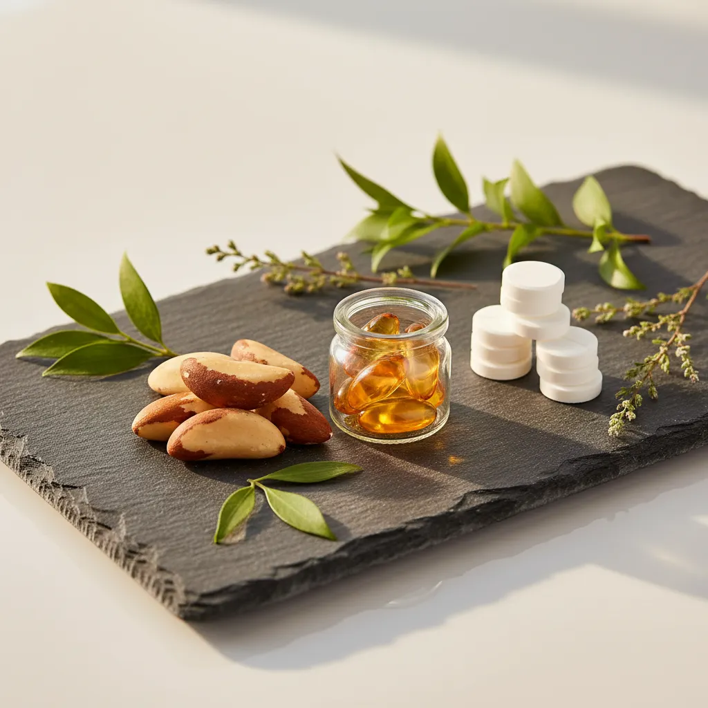 Selenium-rijke paranoten, vitamine E capsules en zinktabletten op een leisteen