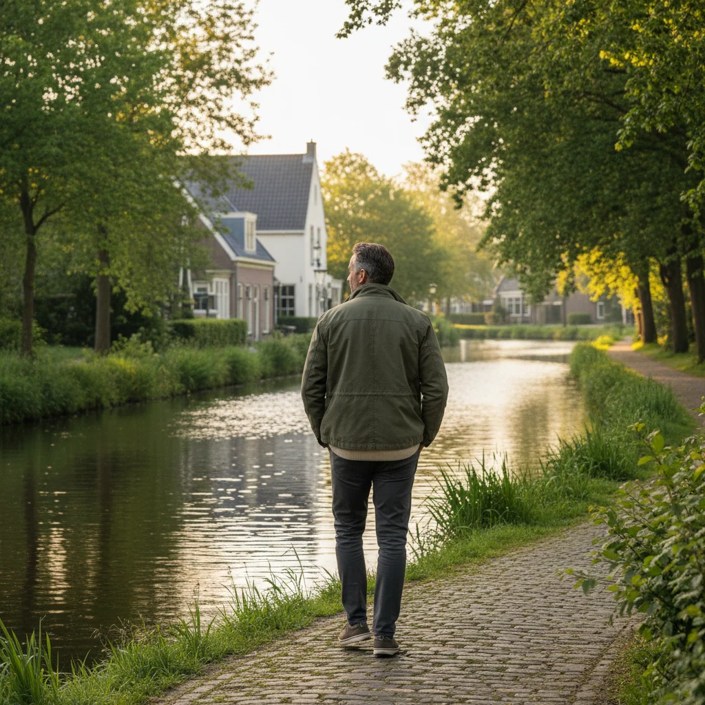 Man wandelt langs een rustig Hollands kanaal in de ochtend